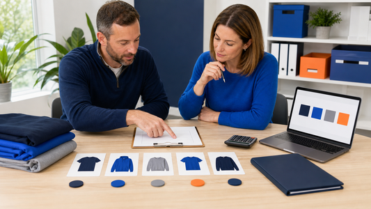 Adult school organization volunteers mapping a spirit wear order form workflow with blank apparel choices