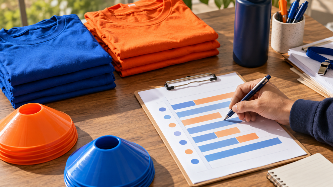 Adult organizer plans a field day with blank blue and orange shirts, cones, and a clipboard.