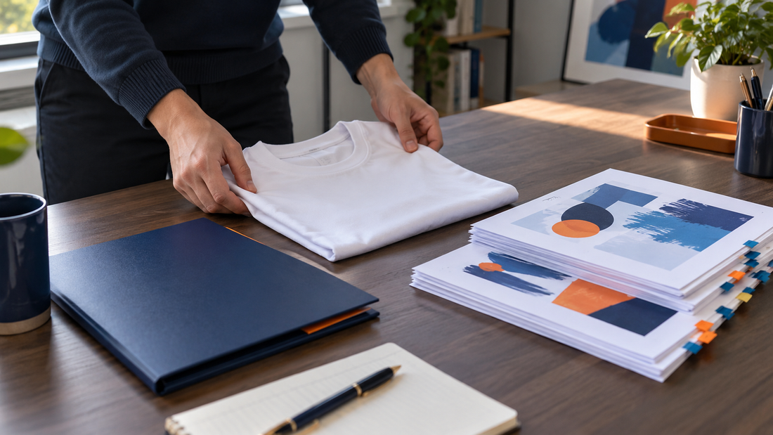 Adult organizer files an unmarked apparel proof beside a blank shirt.