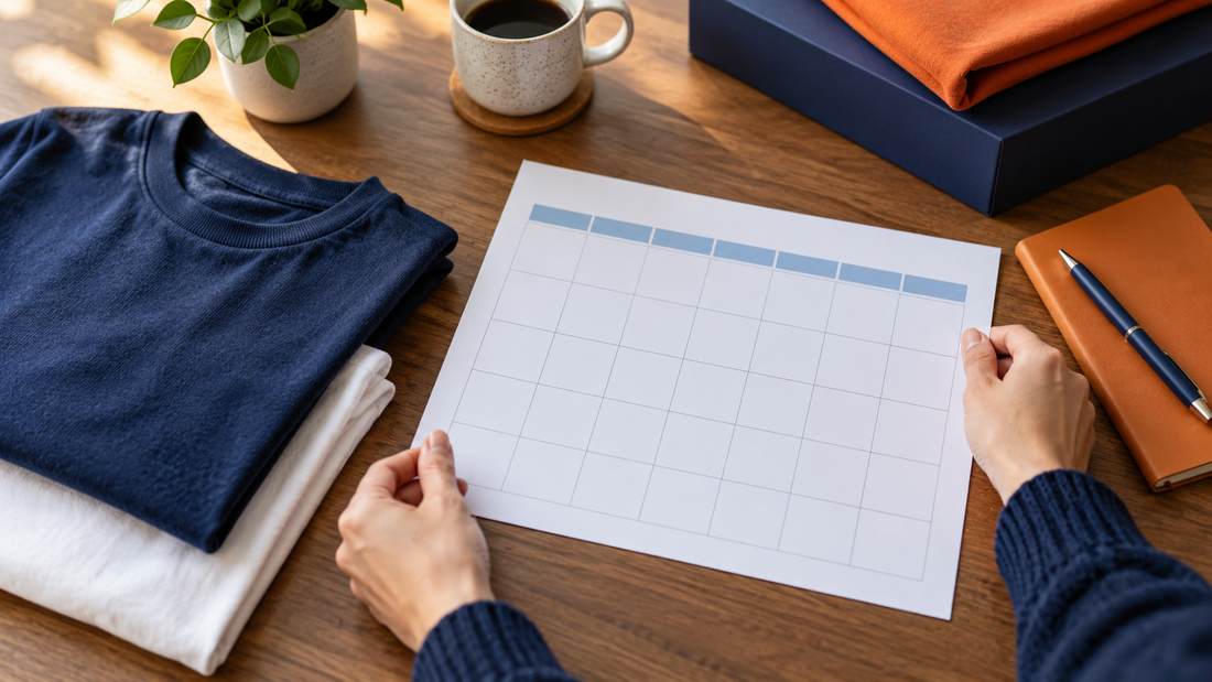 Adult organizer plans an order window with blank apparel and a calendar.