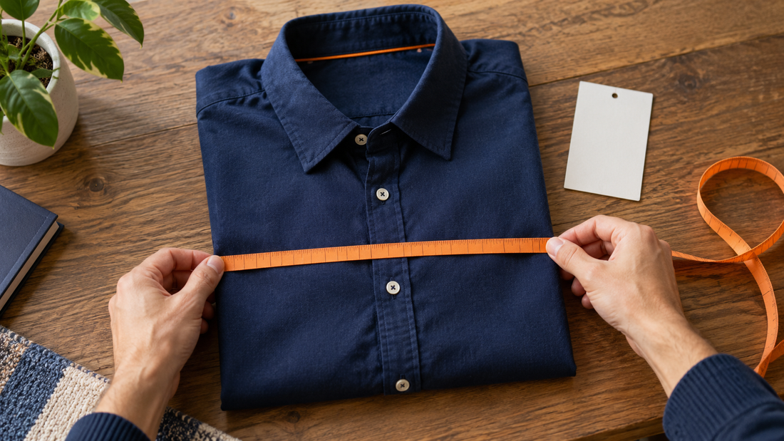 Adult hands measure a folded blank shirt beside an unmarked product card.