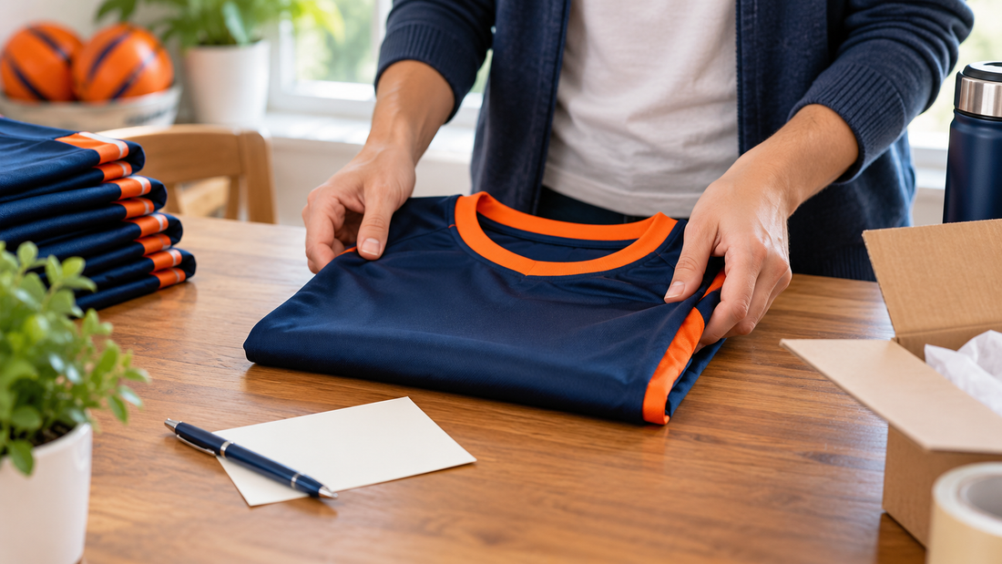 Adult caregiver prepares a blank shirt and planning note at home.