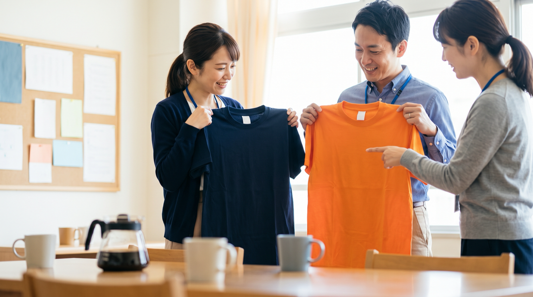 Three adult school staff members hold up blank navy and orange t-shirts in a bright staff room.