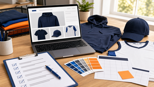 Team store planning desk with blank athletic apparel, a storefront laptop, color swatches, calendar, and checklist