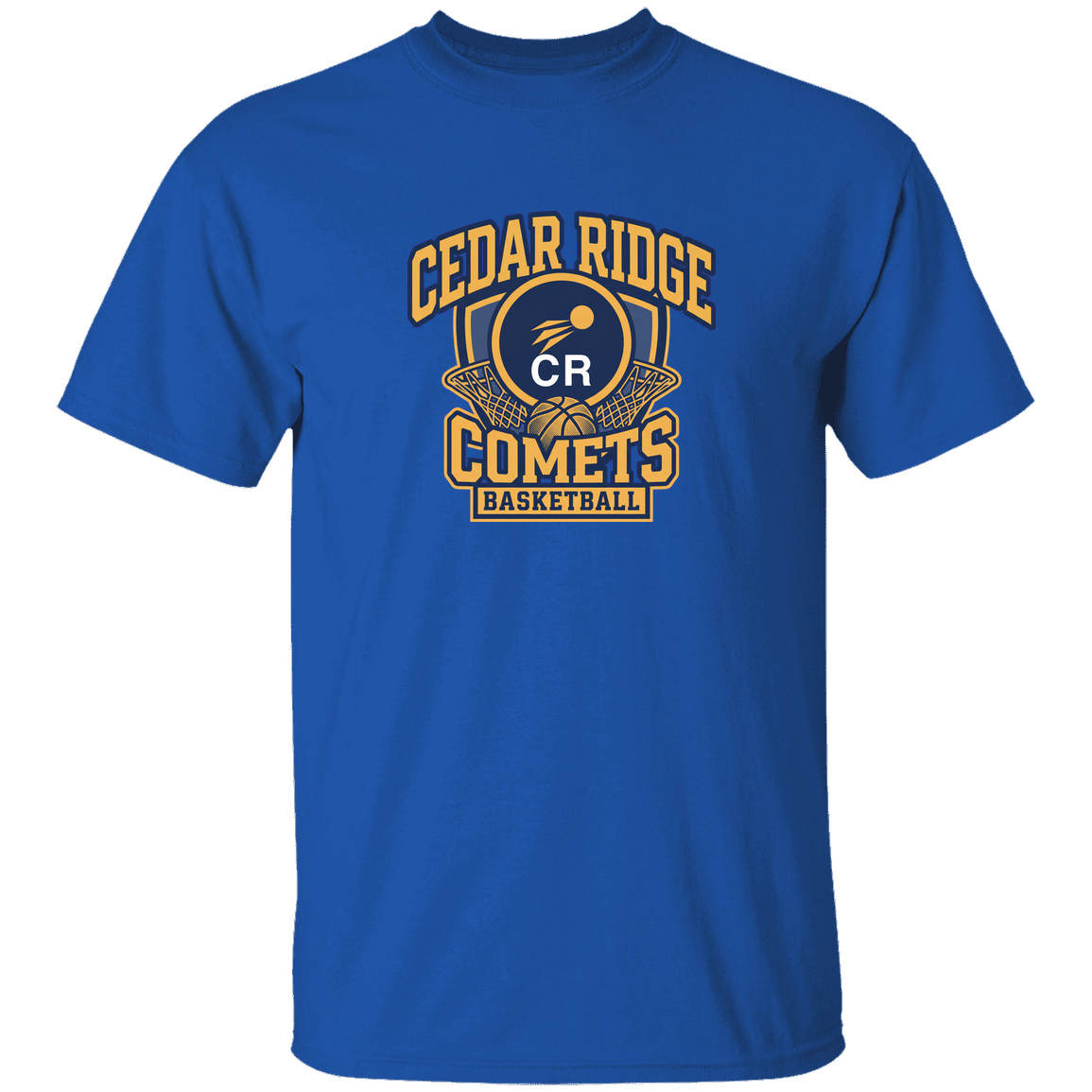 cedar-ridge-comets-bold-mascot-gildan-5-3-oz-t-shirt — Royal — Front — source sha256 07dcc18cbb8ab0ec3ef3b23b0ef29a0a9b69d4bbe88e62c05da8d7f66f2c8fa2 — Color position 3