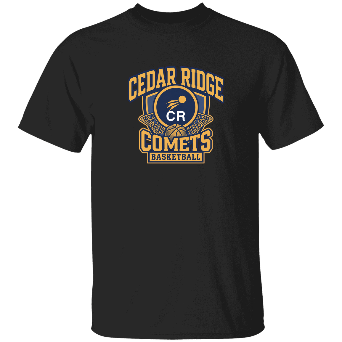 cedar-ridge-comets-bold-mascot-gildan-5-3-oz-t-shirt — Black — Front — source sha256 62c03cc0d84234b56991cb32b6213e3b7c3214b590b4cf87b8c21a4f087c05f1 — Color position 2