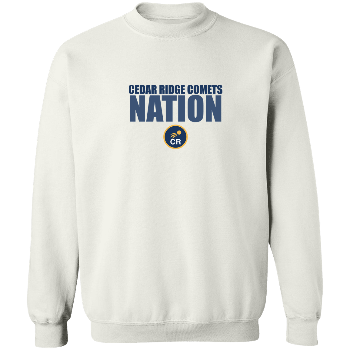 cedar-ridge-comets-nation-stack-gildan-crewneck-pullover-sweatshirt — White — Front — source sha256 6d1337269bd572b6a7dc2e98bbbe3f357787e901e7ece3a30fefbdfdf2b1cd07 — Color position 1