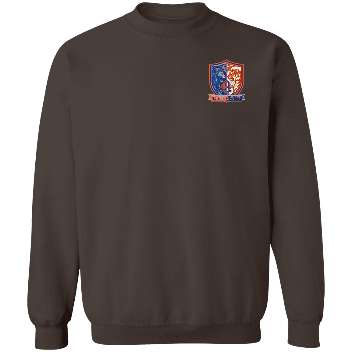 Lions Tigers Crest Crewneck Pullover Sweatshirt — Dark Chocolate — Front