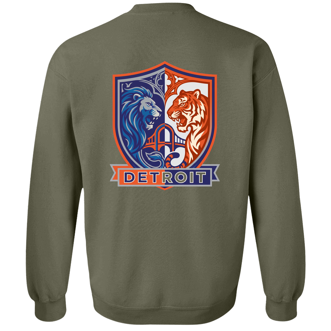 Lions Tigers Crest Crewneck Pullover Sweatshirt — Military Green — Back
