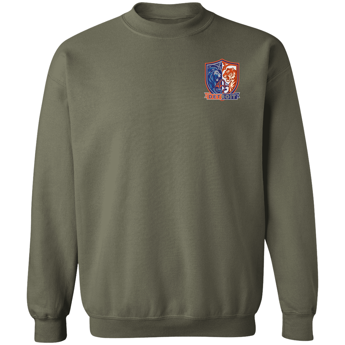 Lions Tigers Crest Crewneck Pullover Sweatshirt — Military Green — Front