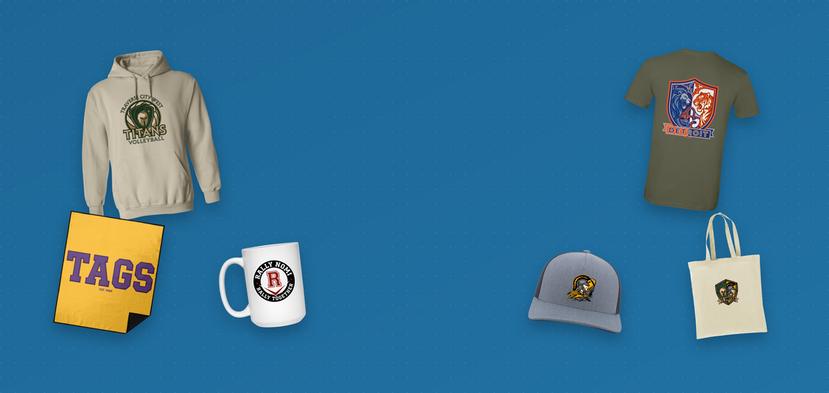 Printed products from Printeroni team stores: a TC Titans volleyball hoodie, a TAGS blanket, a Rally NoMi mug, a Two-A-Days Detroit crest T-shirt, a TC Trojans cap and a TC United tote bag.