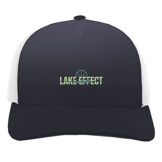lake-effect-legends-dome-script-pacific-headwear-5-panel-trucker-snapback-cap — Navy/White — Front — source sha256 32c362a70dc403af61ce7af67d9d531703897ff72596dc58c42f13b11a6dddca — Color position 1