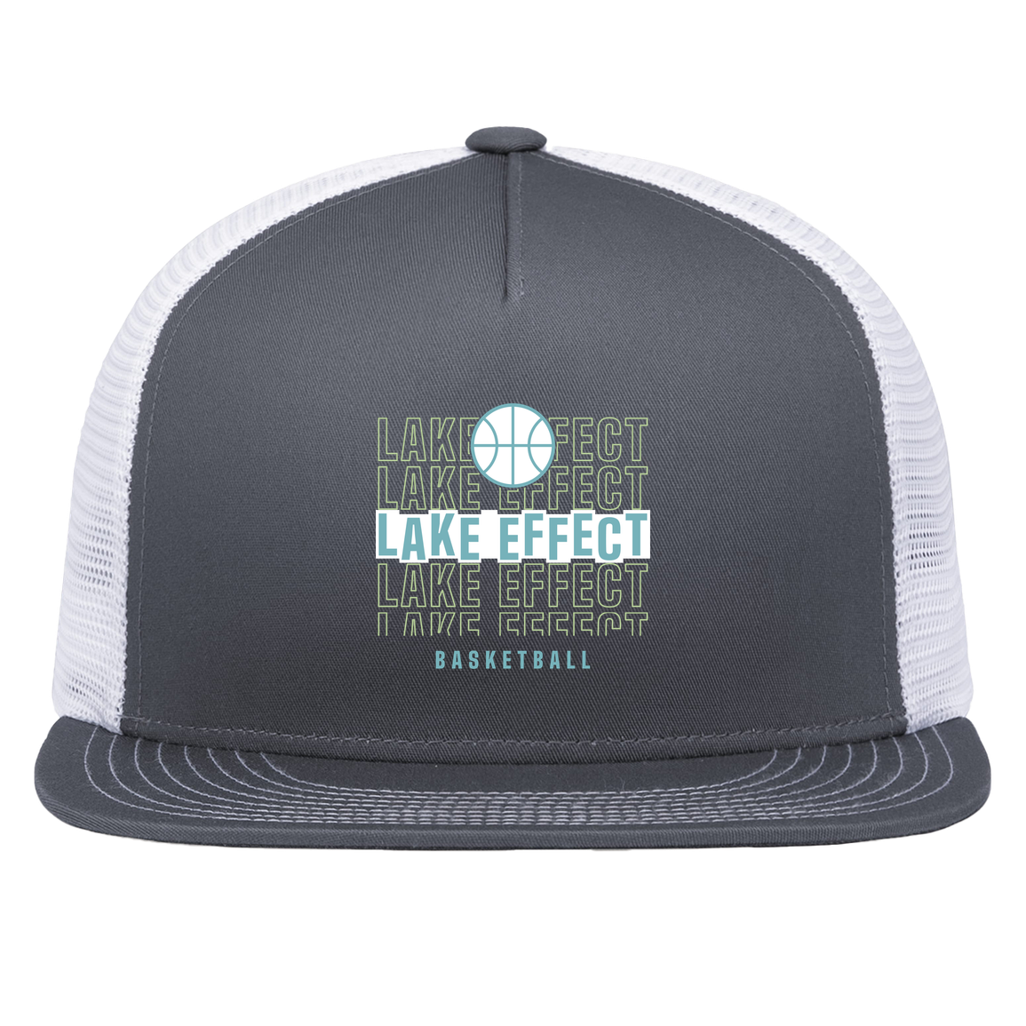 lake-effect-legends-echo-highlight-pacific-headwear-d-series-5-panel-trucker-snapback-cap — Graphite/White — Front — source sha256 02059a5a80a7b902cdaa0a68e3771a6cfd14ee7a0f3cbde8ba38603291b45da6 — Color position 4