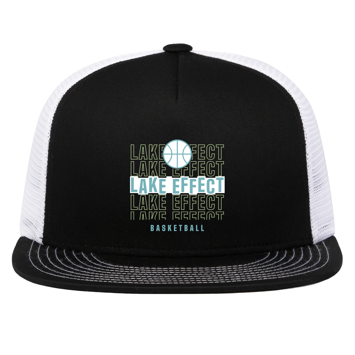 lake-effect-legends-echo-highlight-pacific-headwear-d-series-5-panel-trucker-snapback-cap — Black/White — Front — source sha256 2a1e32c3c711b6e1ee79ab4a2acdc3b1eadad7d1e0bbbcd73855abf2ef9c15c1 — Color position 2