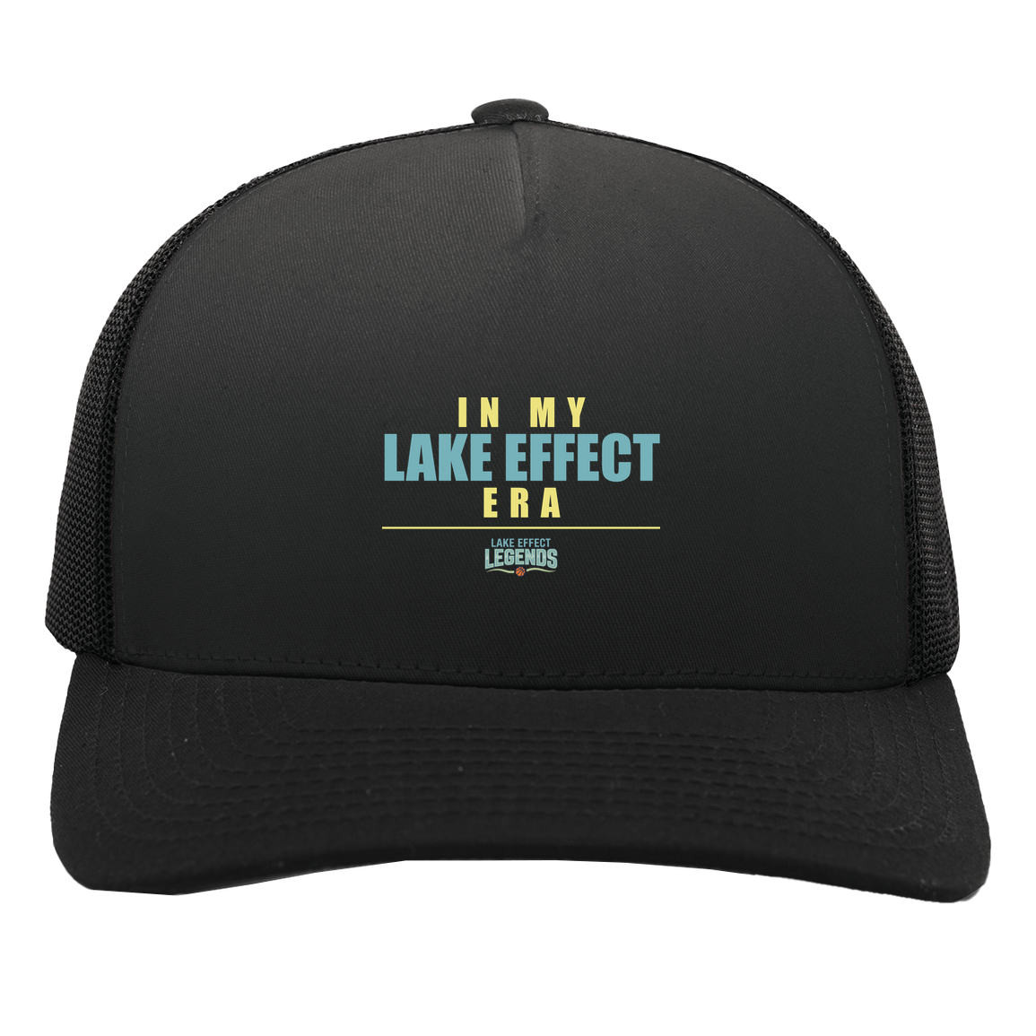 lake-effect-legends-era-stack-pacific-headwear-5-panel-trucker-snapback-cap — Black/Black — Front — source sha256 265558450323812cfa7680848d6e9660de7832b7ad3616c53c0e91eded909525 — Color position 3