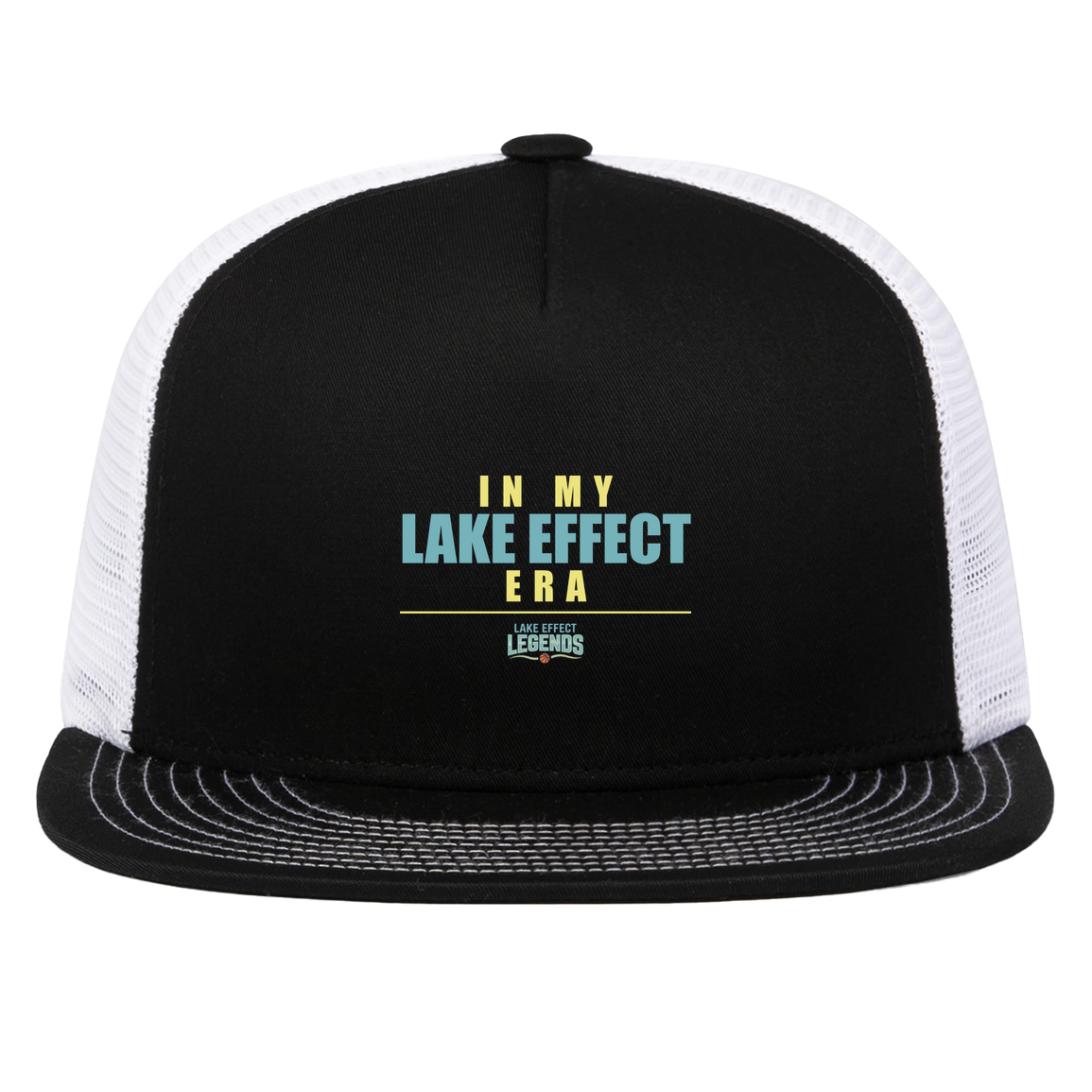 lake-effect-legends-era-stack-pacific-headwear-d-series-5-panel-trucker-snapback-cap — Black/White — Front — source sha256 28da348c5591d5ca09aff92b2677afc7ae9679cafe8650002a677e2070d6f088 — Color position 2