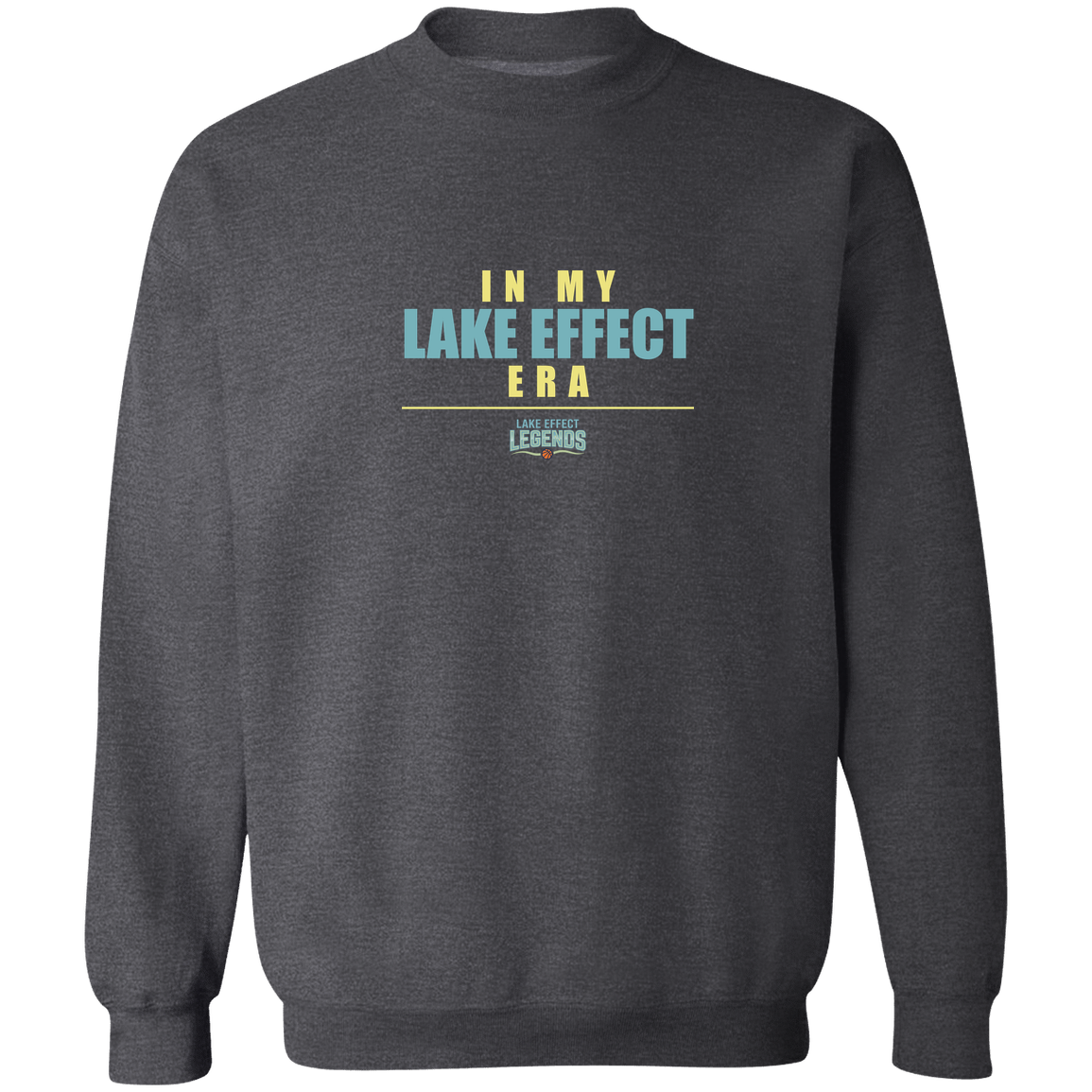 lake-effect-legends-era-stack-gildan-crewneck-pullover-sweatshirt — Dark Heather — Front — source sha256 3dab101c8f8b6cec5207be78ec59adf0bdd1d774316ac6f46b91f773e0a7e74d — Color position 6
