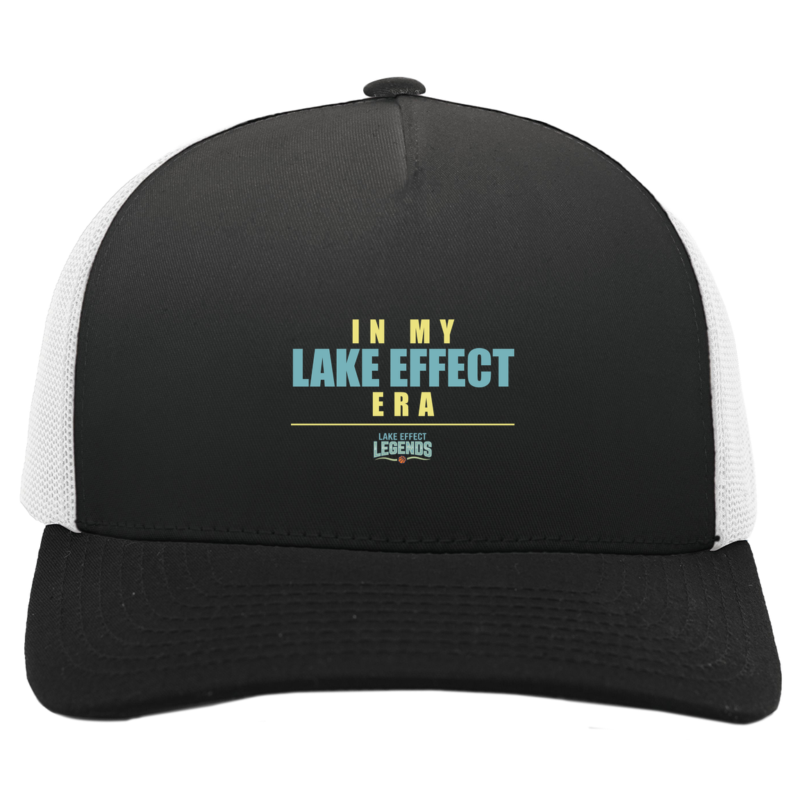 lake-effect-legends-era-stack-pacific-headwear-5-panel-trucker-snapback-cap — Black/White — Front — source sha256 5b0768320c3bcb0403b4424df033fbd8a4f6fca9a9e31d2312617e61dc81df68 — Color position 4