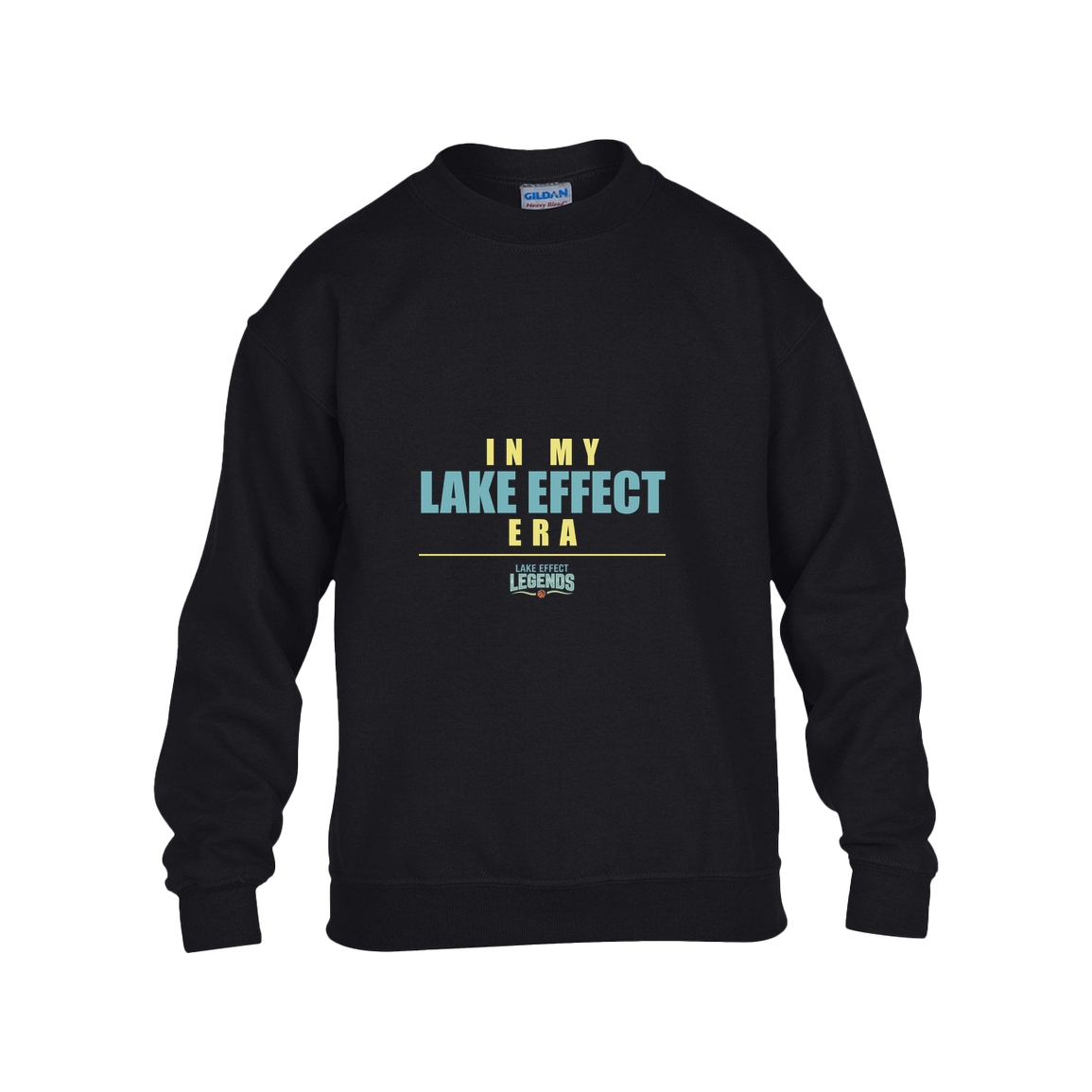 lake-effect-legends-era-stack-gildan-kids-heavy-blend-fleece-crew — Black — Front — source sha256 7fe44af3b5ad2f454fa6c278623f0f62fa1da796316a84cdf45b396c302a1468 — Color position 1
