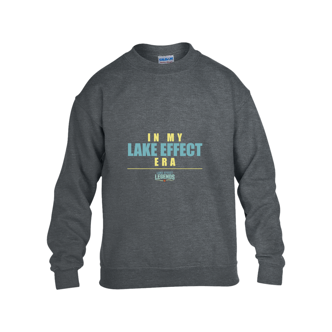 lake-effect-legends-era-stack-gildan-kids-heavy-blend-fleece-crew — Dark Heather — Front — source sha256 83cebe261bc3c914e77e515e8835715a1216c4e02abd2efdfceb4508853c3b17 — Color position 2