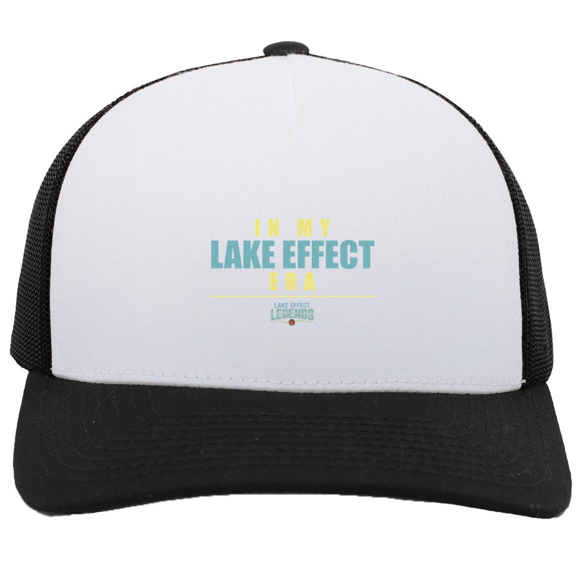 lake-effect-legends-era-stack-pacific-headwear-5-panel-trucker-snapback-cap — White/Black — Front — source sha256 9e6110ff8cb8fc96b316cbc76f60a3a801877e269ca5241dafecb6161f9a574e — Color position 5