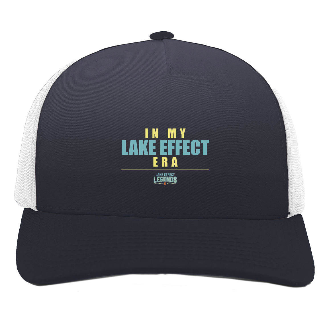 lake-effect-legends-era-stack-pacific-headwear-5-panel-trucker-snapback-cap — Navy/White — Front — source sha256 bf78f1b2a79c0ab98f8ff215d824f0a6cd38d1eeed63b76de273599f931e5737 — Color position 1