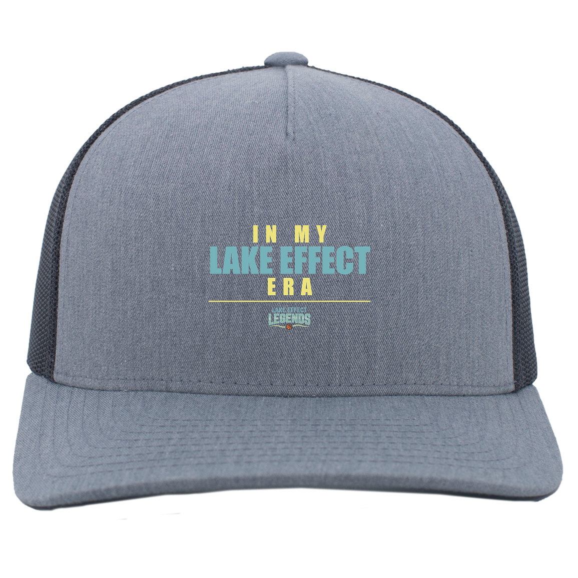 lake-effect-legends-era-stack-pacific-headwear-5-panel-trucker-snapback-cap — Heather Grey/Light Charcoal — Front — source sha256 d14a0b8cdd8490067b386b2d966f5a15ab227751ef01c464663eab6680fcac81 — Color position 2