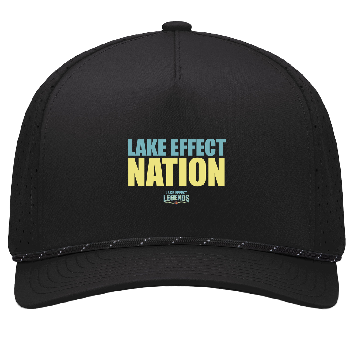 lake-effect-legends-hoops-nation-pacific-headwear-weekender-perforated-snapback-cap — Black/Black — Front — source sha256 1e6db7ec9c7a5f3ef9c3fea5332be591d0cd07bafa011d7903cb6404199cd5a8 — Color position 1