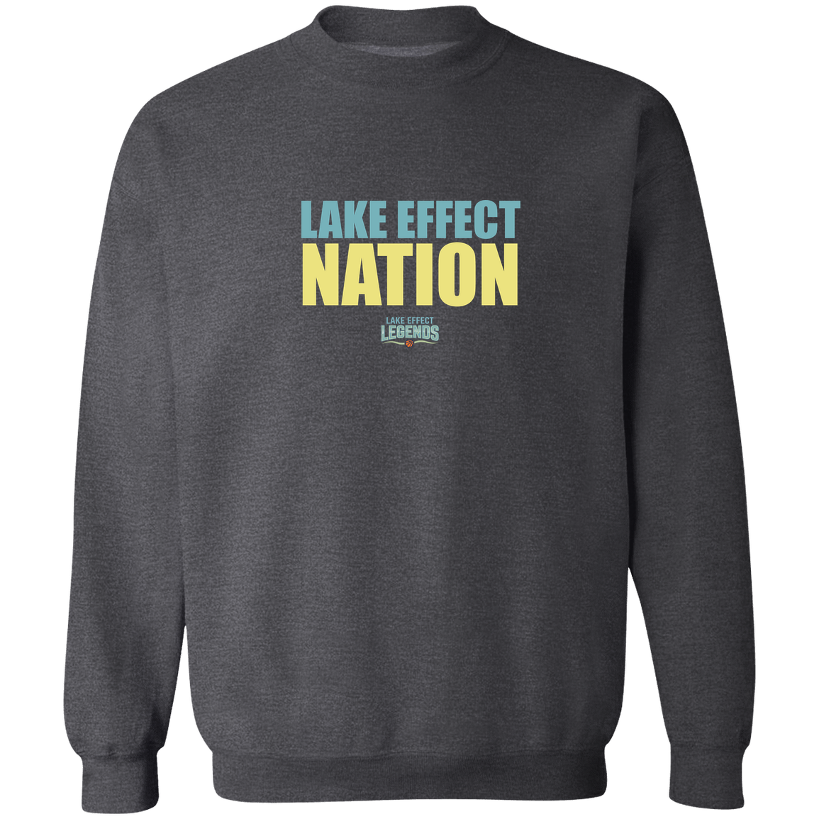 lake-effect-legends-hoops-nation-gildan-crewneck-pullover-sweatshirt — Dark Heather — Front — source sha256 3803fc9ee22d04b287c15f1449d69cb597b841a5a4910e1de1fb06085c3f0efa — Color position 6
