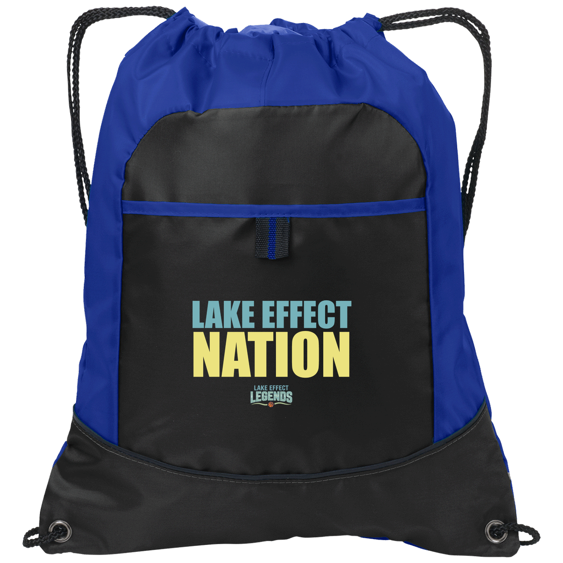 lake-effect-legends-hoops-nation-port-authority-pocket-cinch-pack — Black/Hyper Blue — Front — source sha256 38256806ff3b8a33e4846e21bd324a73c44561abef89ed4a618ee8ff409282b1 — Color position 1