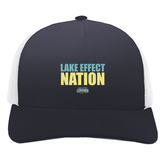 lake-effect-legends-hoops-nation-pacific-headwear-5-panel-trucker-snapback-cap — Navy/White — Front — source sha256 b8ab069231d37e79bac4d5afcaa853f255ee40f590770ab5ab7f9914a04df8af — Color position 1