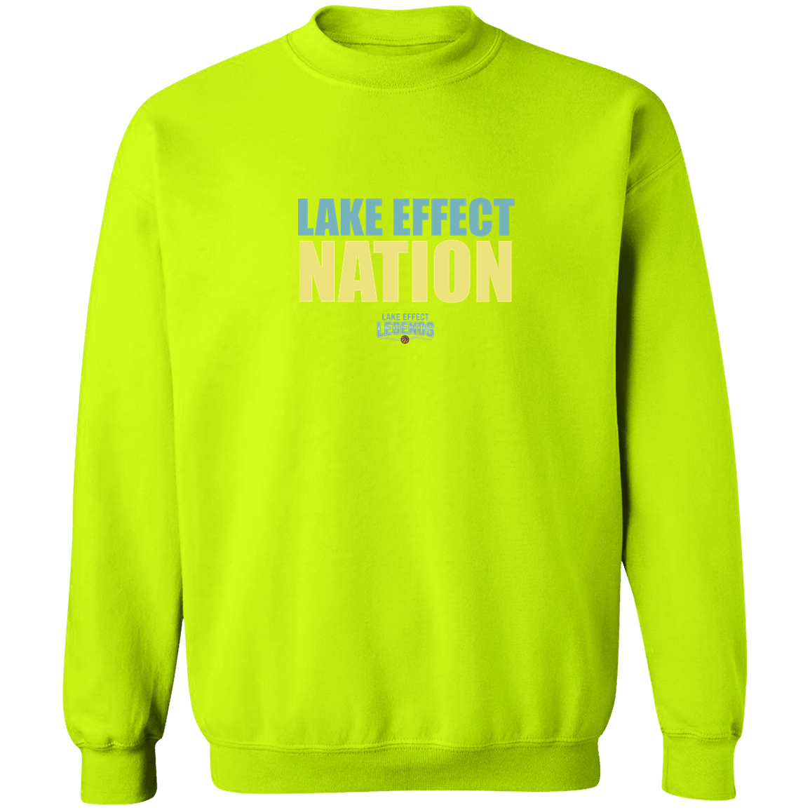 lake-effect-legends-hoops-nation-gildan-crewneck-pullover-sweatshirt — Safety Green — Front — source sha256 eef00410cc73633c8661834317b2f35d4487ccb7f576667e6dec2bbdc3cdbe8e — Color position 8