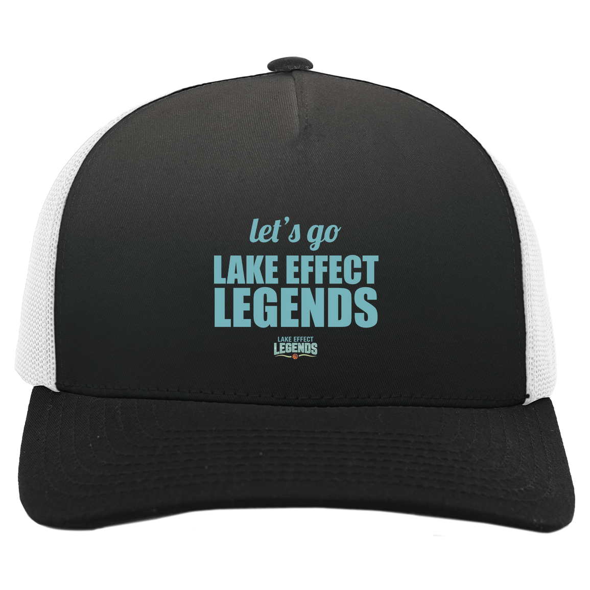 lake-effect-legends-let-s-go-pacific-headwear-5-panel-trucker-snapback-cap — Black/White — Front — source sha256 0f5cf1813e0a79542e3528f7c0bdd42d308105eff24bdc612fdce19737553d8a — Color position 4