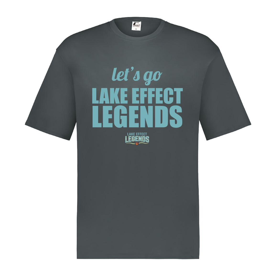 lake-effect-legends-let-s-go-c2-mens-performance-short-sleeve-tee — Graphite — Front — source sha256 12b77a686999ead6c47eebd0902a800c25a439f13c42110fae34c31c50c97417 — Color position 2
