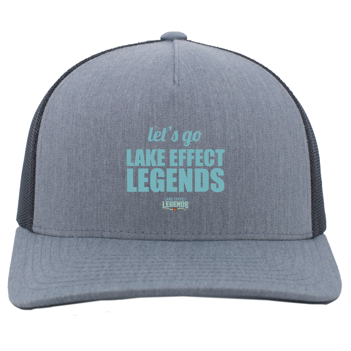 lake-effect-legends-let-s-go-pacific-headwear-5-panel-trucker-snapback-cap — Heather Grey/Light Charcoal — Front — source sha256 156314ae1c3876c081a9ec0af1f7e171dd0db8d9715b17b3df607fd1bf6c89a6 — Color position 2