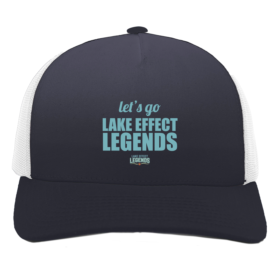 lake-effect-legends-let-s-go-pacific-headwear-5-panel-trucker-snapback-cap — Navy/White — Front — source sha256 28431124d9505872943521e261541a67bd8707fdc5e155b1798d2a77cd3d621e — Color position 1