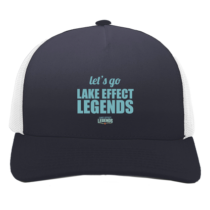 lake-effect-legends-let-s-go-pacific-headwear-5-panel-trucker-snapback-cap — Navy/White — Front — source sha256 28431124d9505872943521e261541a67bd8707fdc5e155b1798d2a77cd3d621e — Color position 1