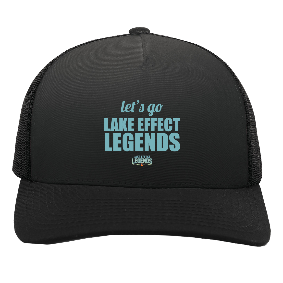 lake-effect-legends-let-s-go-pacific-headwear-5-panel-trucker-snapback-cap — Black/Black — Front — source sha256 a80e7da398af1484c95b01e16d975b025260fda414eac921fd84e9b7ade60e90 — Color position 3