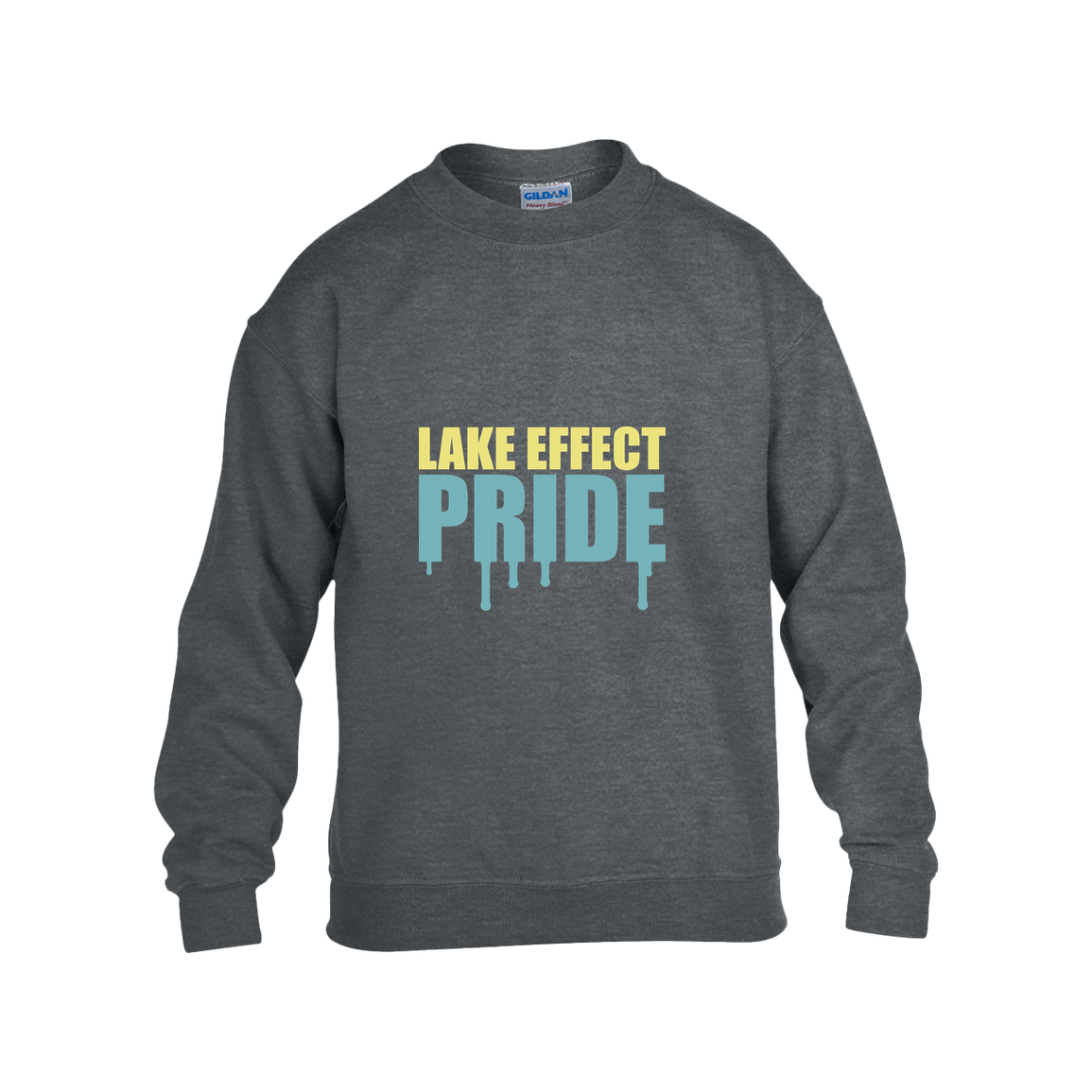 lake-effect-legends-pride-drip-gildan-kids-heavy-blend-fleece-crew — Dark Heather — Front — source sha256 35dbed0884307d75a40130a6ea08ab2ffd8ce5cfa3e5732d3e38c58995a22613 — Color position 2