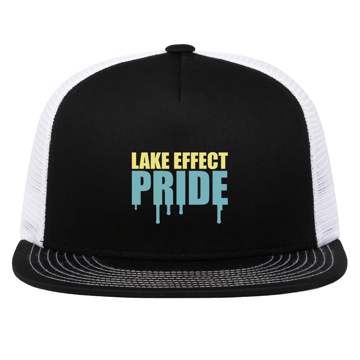 lake-effect-legends-pride-drip-pacific-headwear-d-series-5-panel-trucker-snapback-cap — Black/White — Front — source sha256 49dbac54309e62fd411a85e2416b7e0e3cdf051d69767ae70d57770d8128a984 — Color position 2