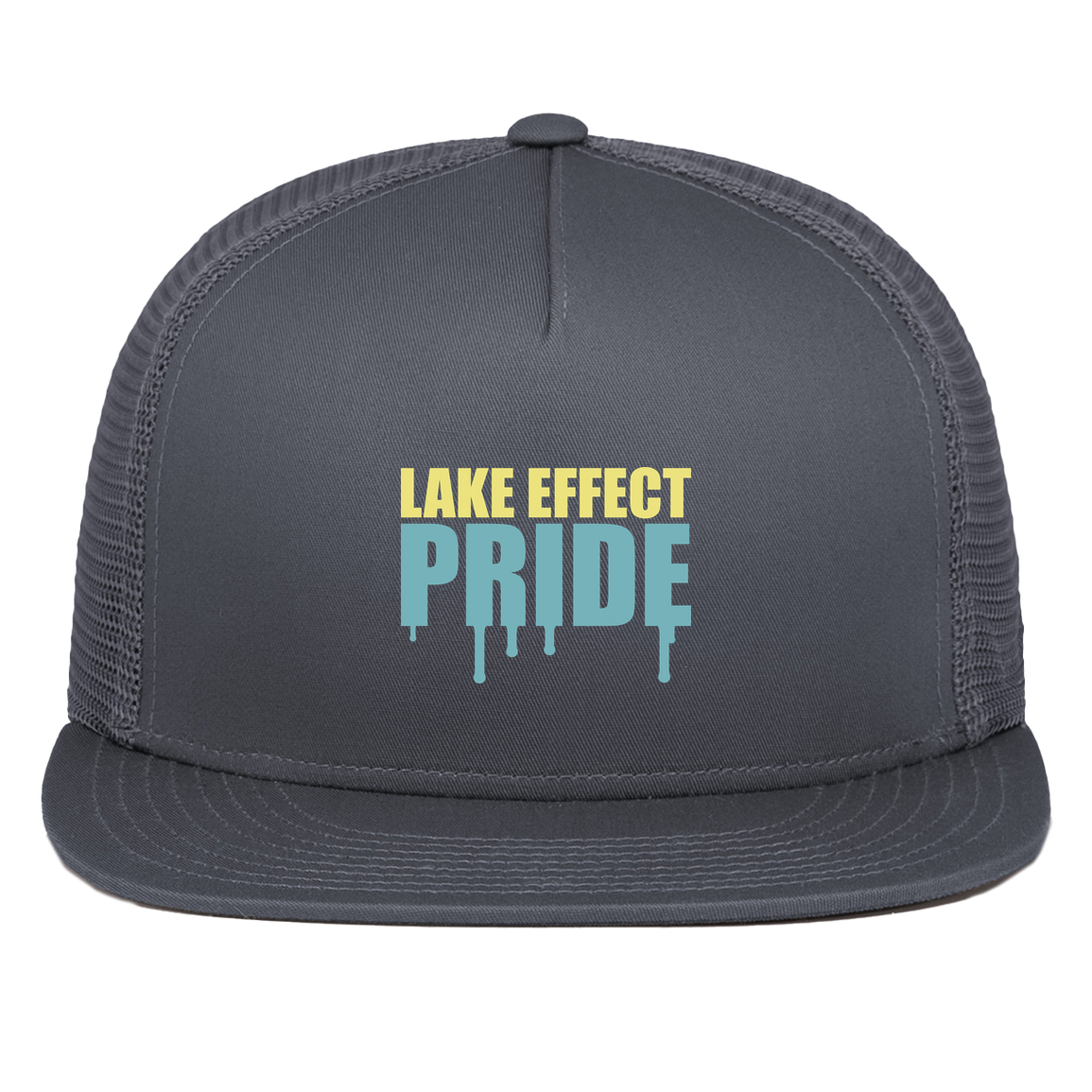 lake-effect-legends-pride-drip-pacific-headwear-d-series-5-panel-trucker-snapback-cap — Graphite — Front — source sha256 50f43b3d213f5ffb64c25bd8efcba9dd8e65ffbb934899403a95b1c58f699894 — Color position 3