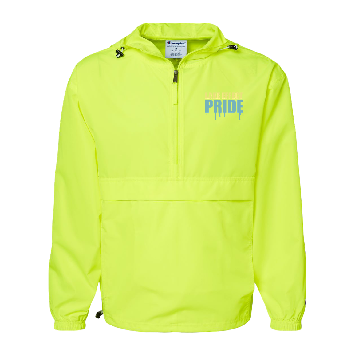 lake-effect-legends-pride-drip-champion-unisex-packable-anorak-jacket — Safety Green — Front — source sha256 61ef2433186b27ca330e899997581cbcd09da205080d54cbbd5c8a486f683680 — Color position 3
