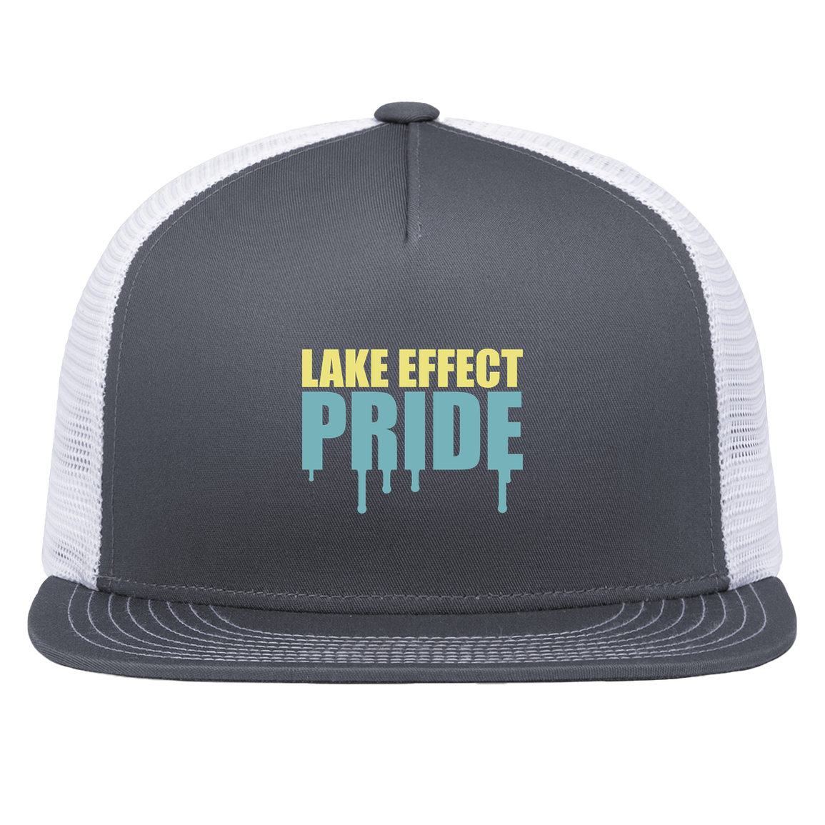 lake-effect-legends-pride-drip-pacific-headwear-d-series-5-panel-trucker-snapback-cap — Graphite/White — Front — source sha256 bb52f71fc4e2f7285d361a17a85efb26261a7cf4ee61aa6642da13b892b7e5af — Color position 4