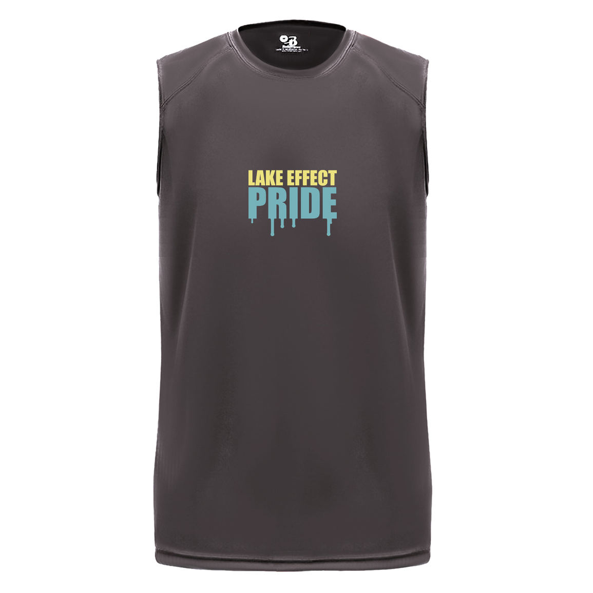 lake-effect-legends-pride-drip-badger-b-core-sleeveless-performance-tee — Graphite — Front — source sha256 e04379080ef5cc221b6228fedf799533b4faf73a40e698383db346e2684ba633 — Color position 2