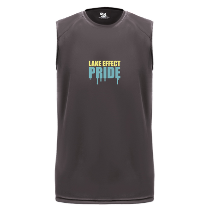 lake-effect-legends-pride-drip-badger-b-core-sleeveless-performance-tee — Graphite — Front — source sha256 e04379080ef5cc221b6228fedf799533b4faf73a40e698383db346e2684ba633 — Color position 2