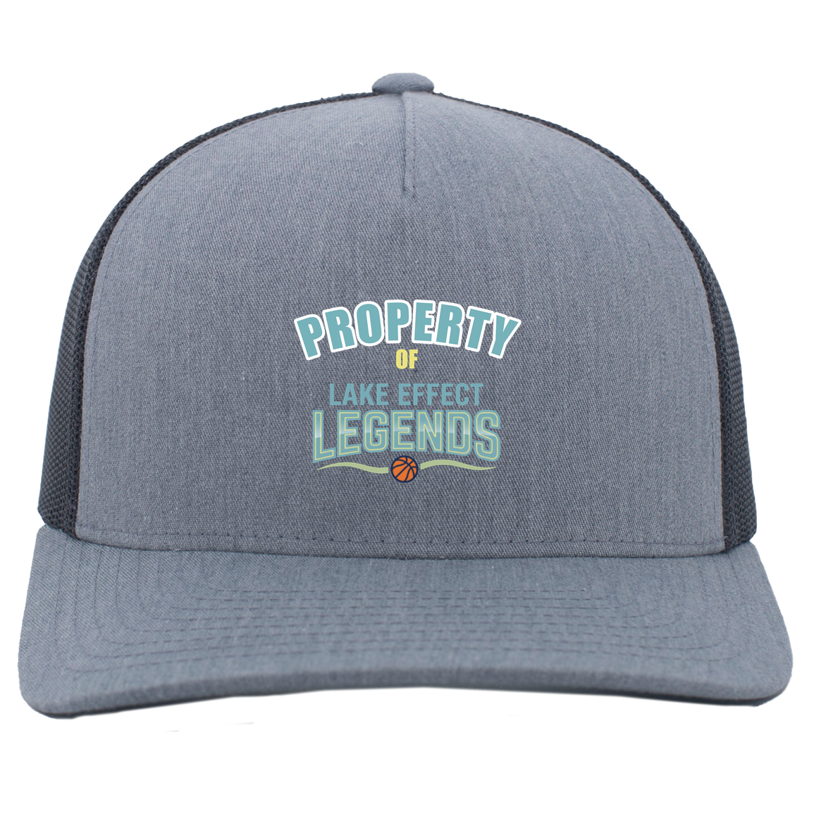 lake-effect-legends-property-of-pacific-headwear-5-panel-trucker-snapback-cap — Heather Grey/Light Charcoal — Front — source sha256 5a1164e33620424453dd76b15f345f74edf34f9d5f69dd6bf4cd46a2594764d6 — Color position 2
