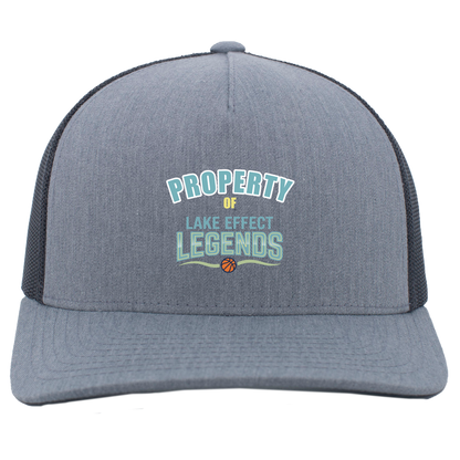 lake-effect-legends-property-of-pacific-headwear-5-panel-trucker-snapback-cap — Heather Grey/Light Charcoal — Front — source sha256 5a1164e33620424453dd76b15f345f74edf34f9d5f69dd6bf4cd46a2594764d6 — Color position 2