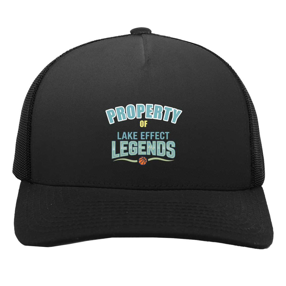 lake-effect-legends-property-of-pacific-headwear-5-panel-trucker-snapback-cap — Black/Black — Front — source sha256 7067979fec8f05fd14382d555a7f71574d248fa37bac579ffed66ee10f49c034 — Color position 3