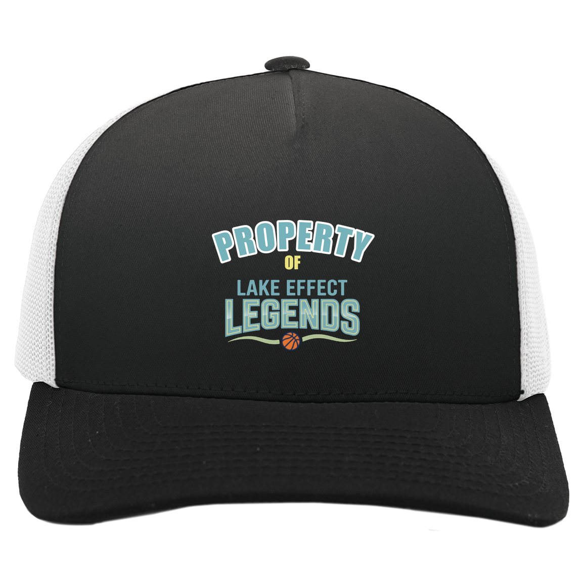 lake-effect-legends-property-of-pacific-headwear-5-panel-trucker-snapback-cap — Black/White — Front — source sha256 9fc3072c1bd1d43149e8d75f0034f62445648d675d4689d46d5c196637cc7e23 — Color position 4