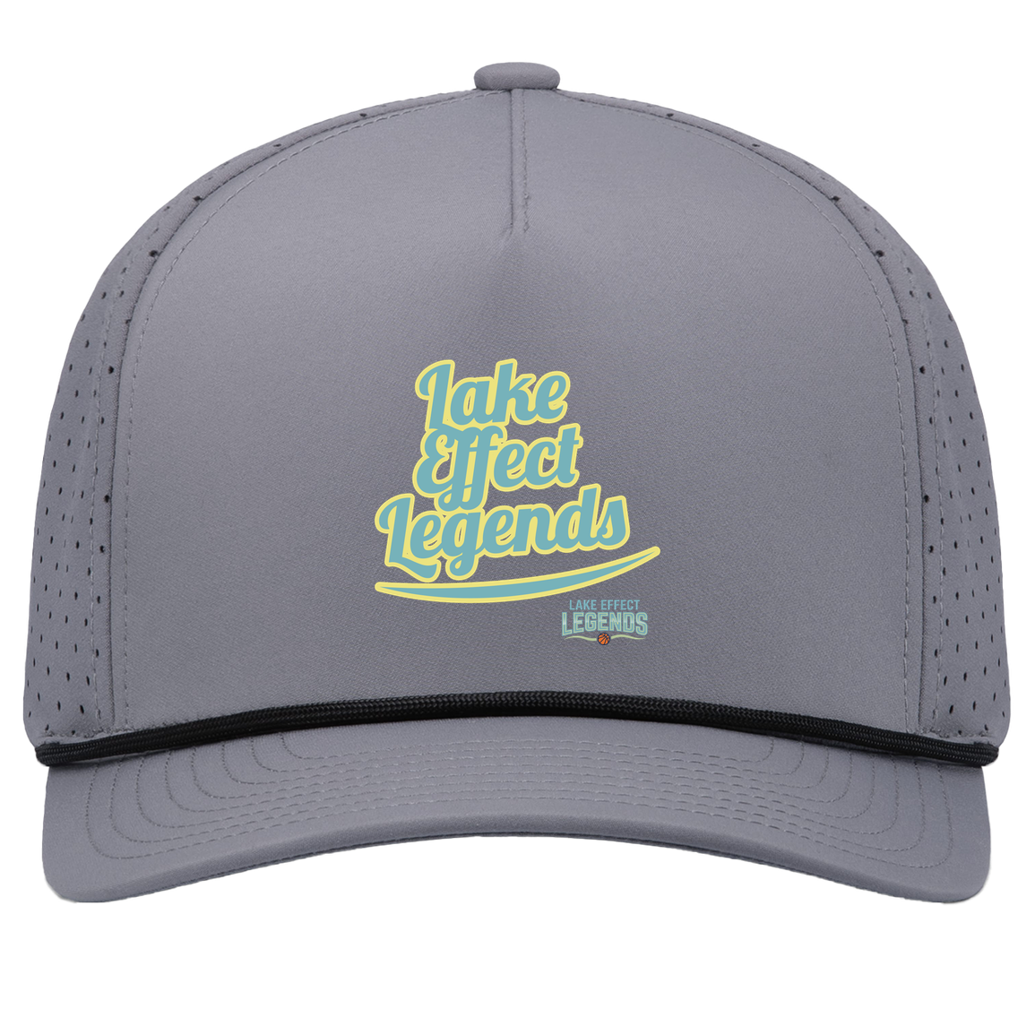 lake-effect-legends-retro-script-pacific-headwear-weekender-perforated-snapback-cap — Graphite/Black — Front — source sha256 0cd9a59e2b612a788e0846f8d32beefc93b2ac97544f9d561f3f5a21b6d278b2 — Color position 3